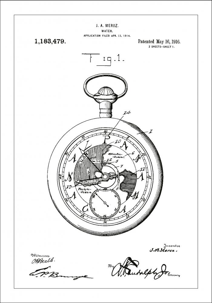 Dibujo de patente - Reloj de bolsillo - Blanco Pster