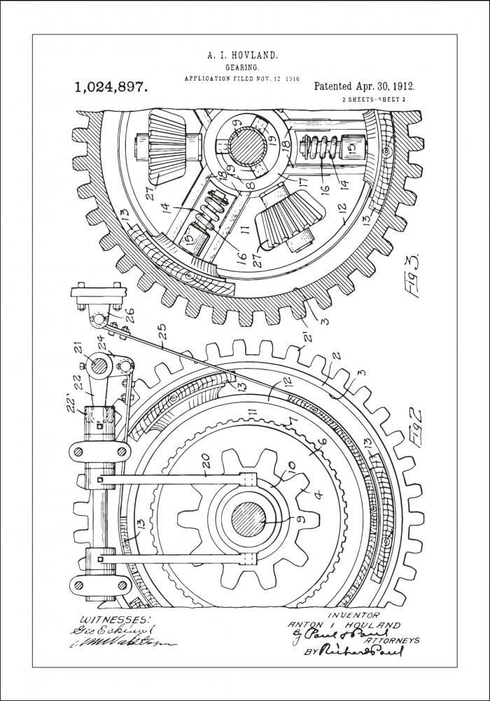 Dibujo de patente - Engranaje - Blanco Pster