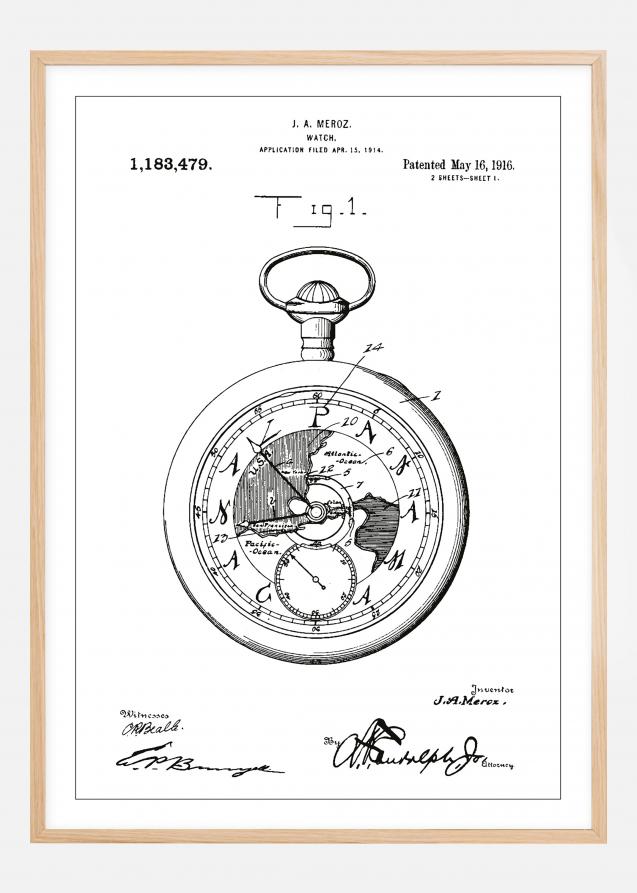 Dibujo de patente - Reloj de bolsillo - Blanco Póster