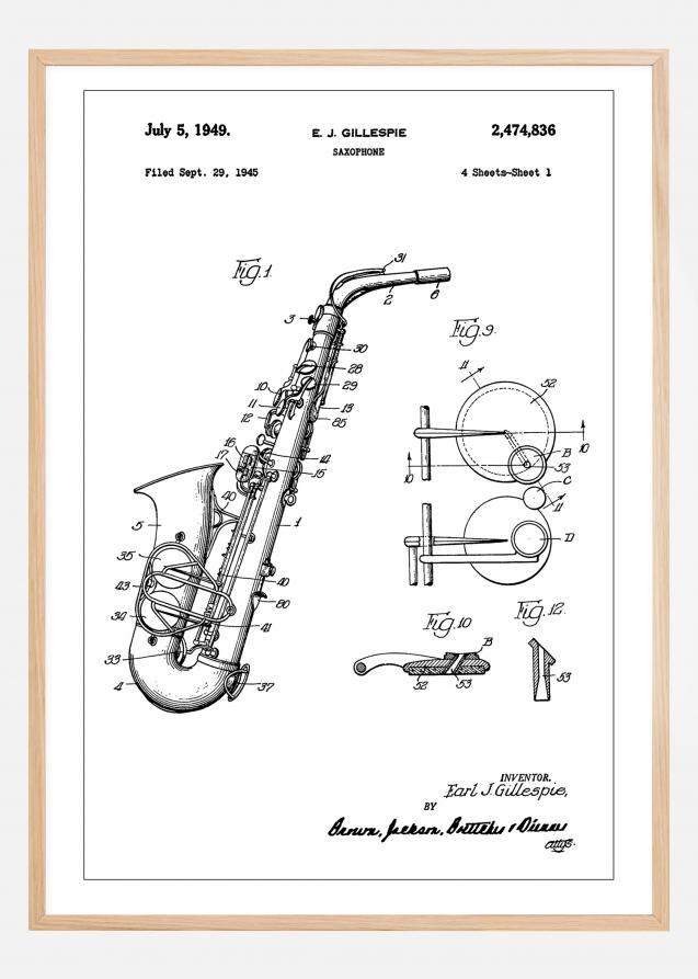 Patent Print - Saxophone - White Póster