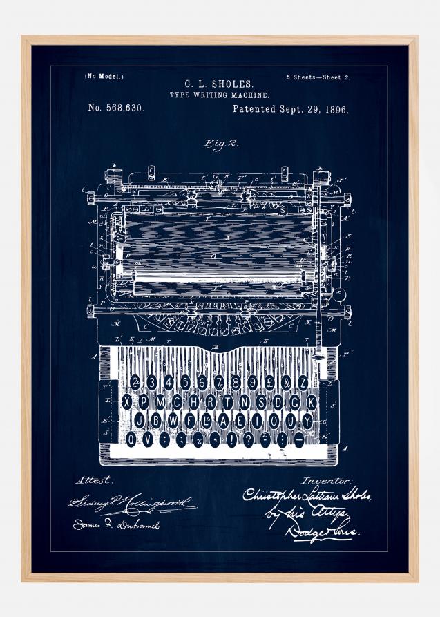 Dibujo de patente - Máquina de escribir - Azul Póster