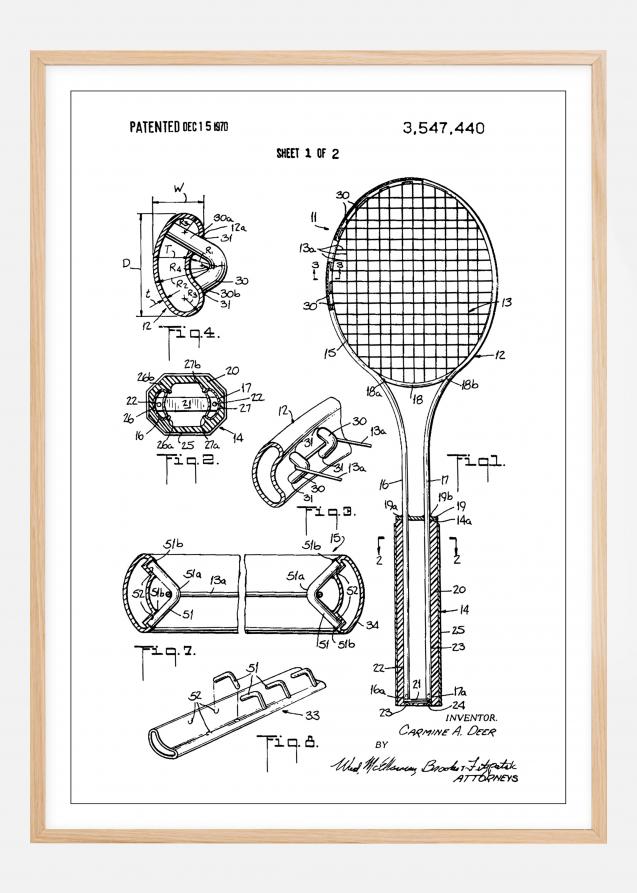 Patent Print - Tennis Racket - White Póster