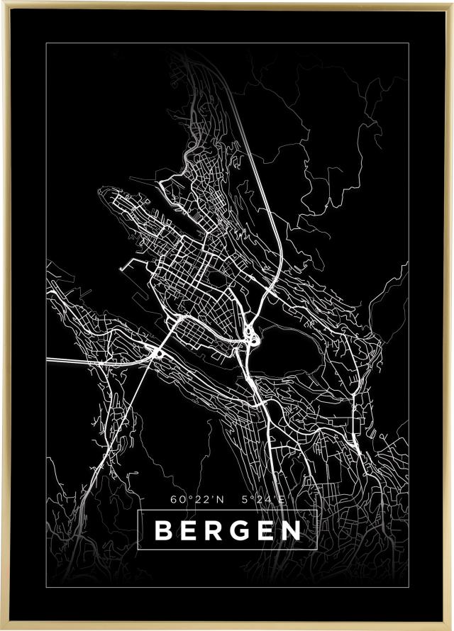 Mapa - Bergen - Póster negro