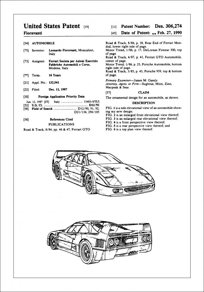 Dibujo de patente - Ferrari F40 I Pster