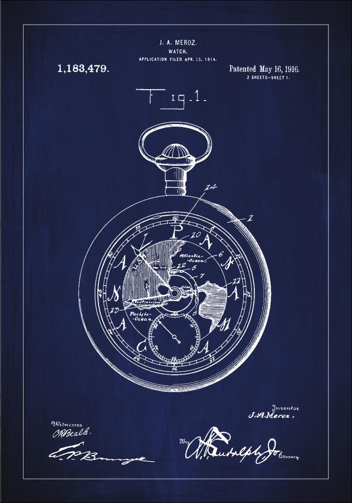 Dibujo de patente - Reloj de bolsillo - Azul Pster
