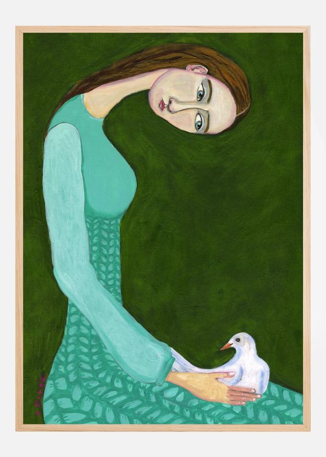 Lady sitting with white dove bird woman Póster