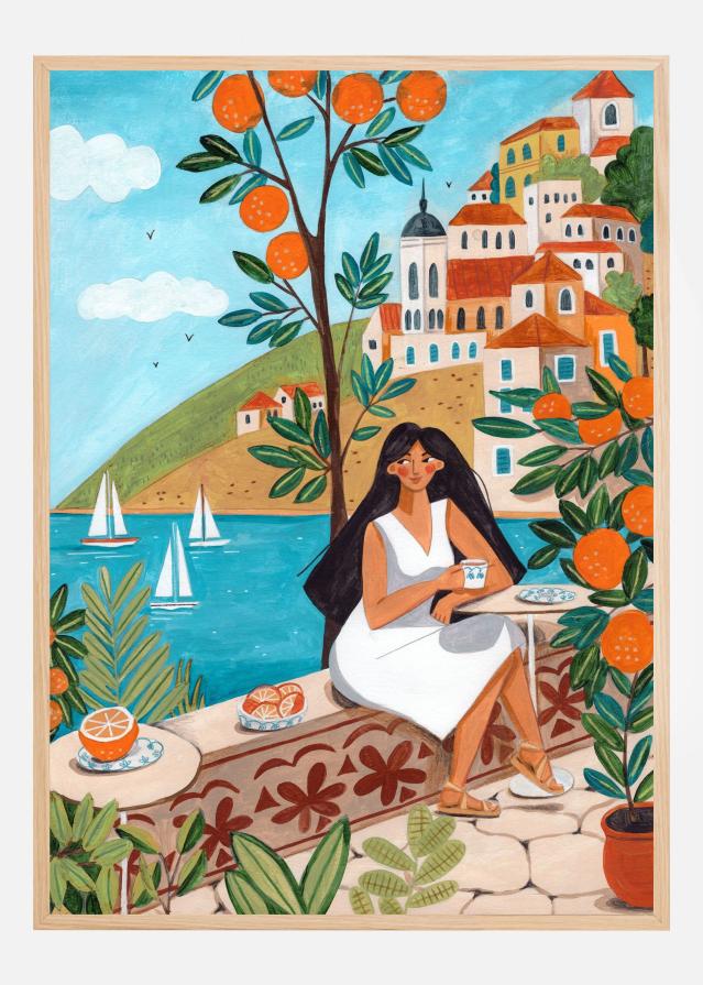 Travel woman in Mediterranean coast Póster