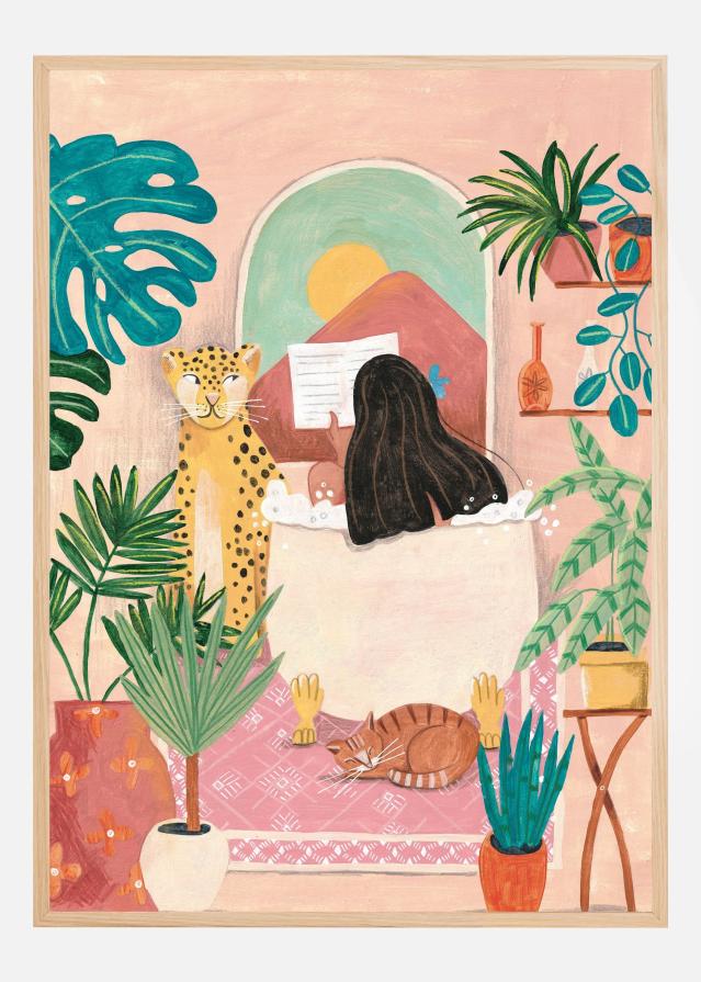 Woman taking bath in pink tropical bathroom Póster