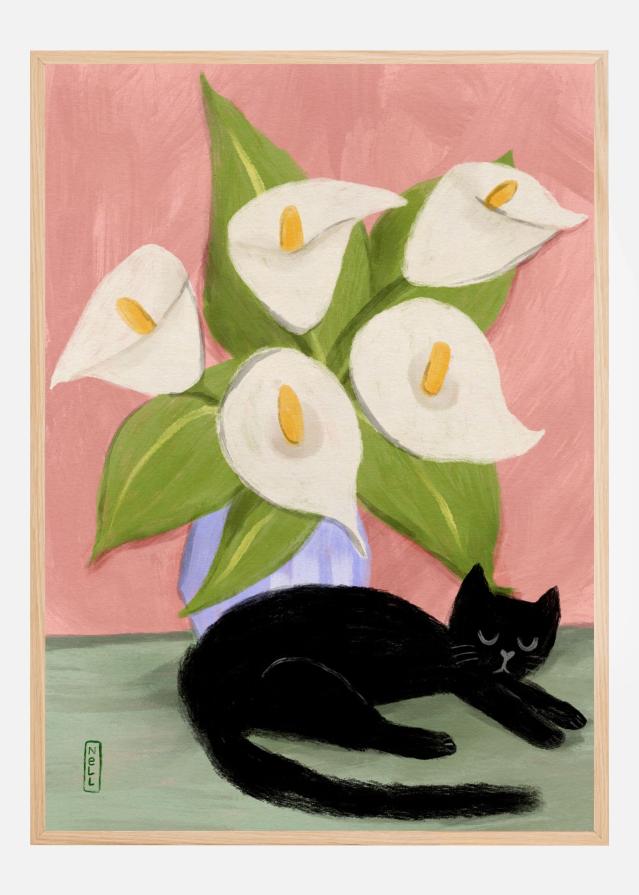 Lilies In a Vase and a Black Cat - Still Life Póster