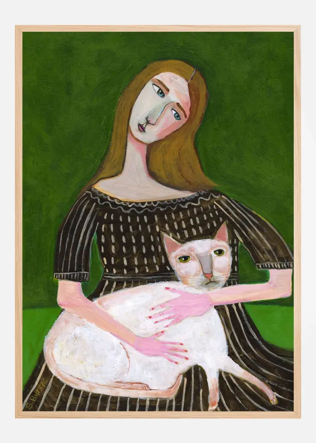 vintage lady with white cat Póster