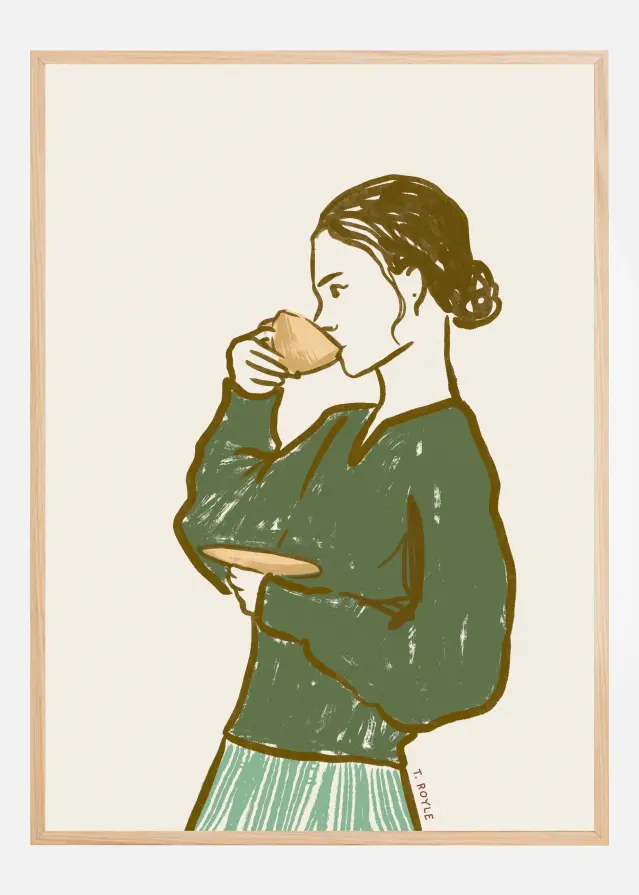 Woman Drinking Tea in Green Póster