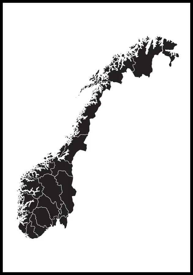 Mapa - Norge - Negro Póster