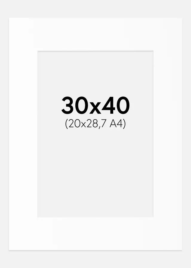 Paspartú Blanco Estándar (Borde interior blanco) 30x40 cm (20x28,7 - A4)