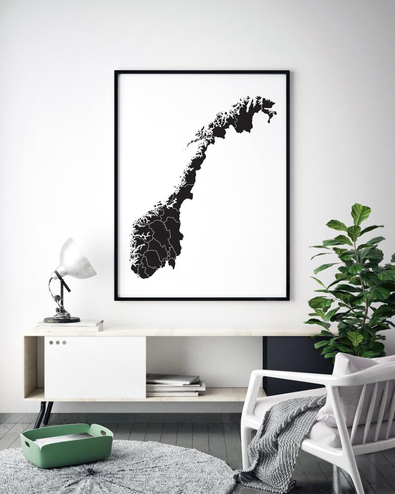 Mapa - Norge - Negro Póster